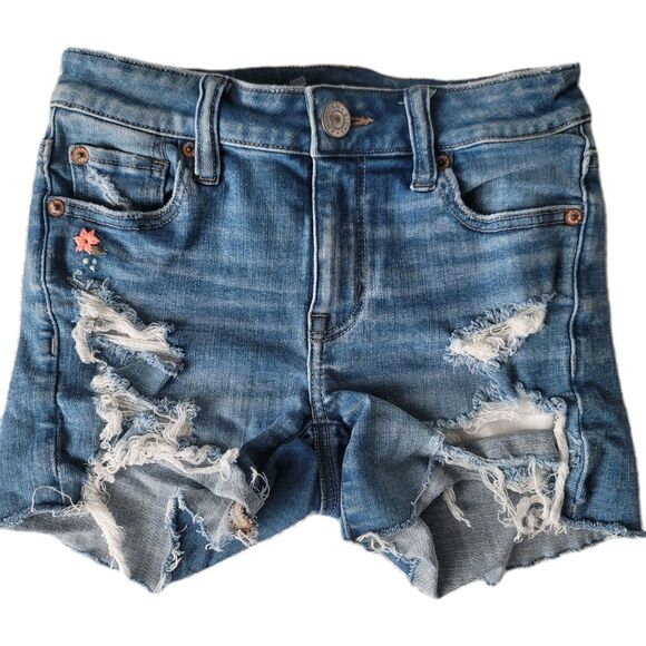 American Eagle Next Level Stretch Midi Shortie Blue Denim shorts Size 000 - Picture 2 of 13